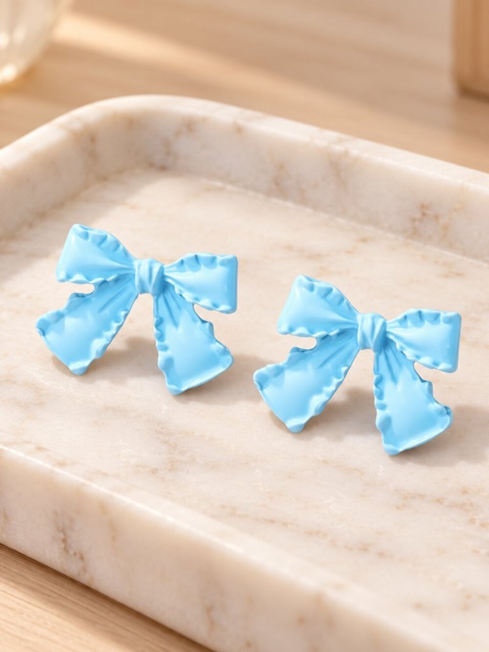 Baby Blue Ruffled Bow Stud Earrings Pastel Coquette Ribbon Balletcore NWT